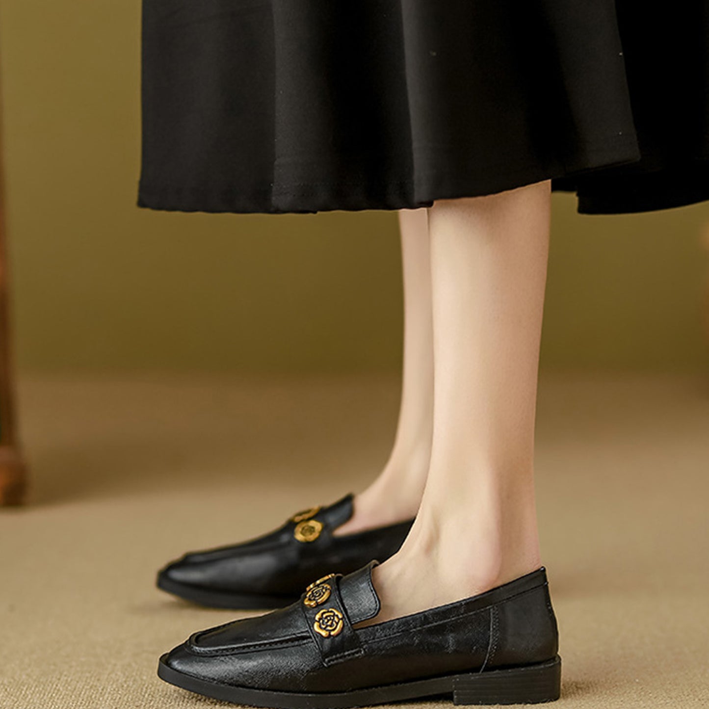 Women's Loafers with Floral-Embellished Comfortable Square Toe