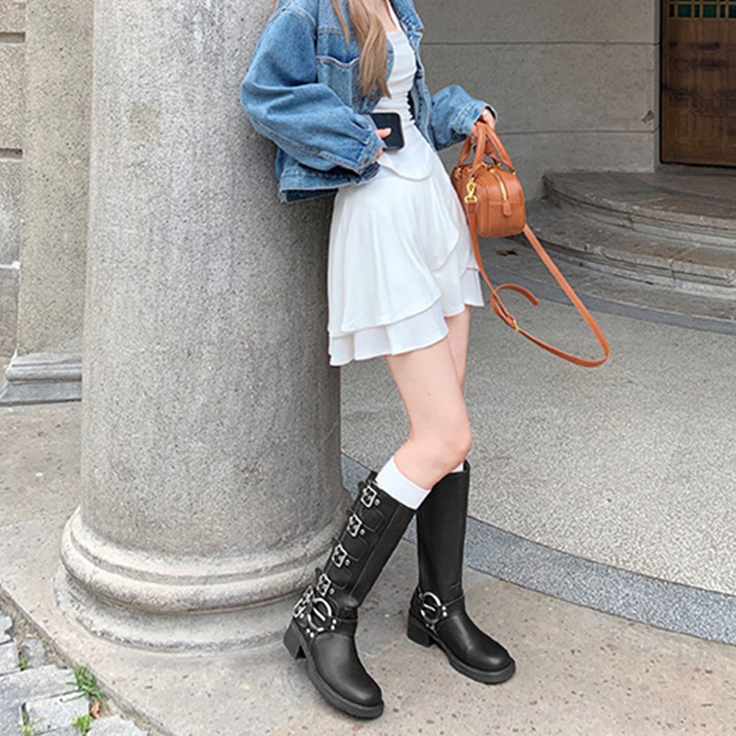 Women's Knee-High Boots with Edgy Metal Buckle Detail & Chunky Heel