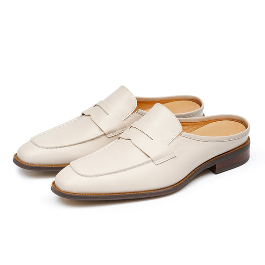 Men’s Cream Leather Backless Loafers