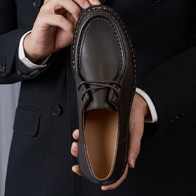 Men's Moccasin Shoes: Rounded Toe with Decorative Stitching and Lacing