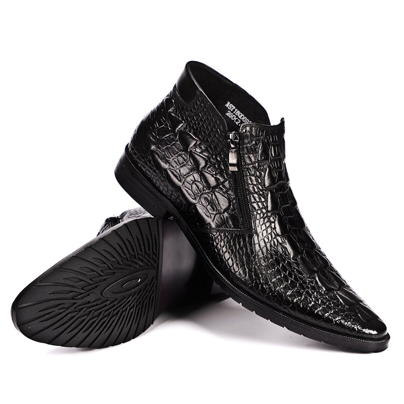 Men’s Crocodile-Pattern Leather Ankle Boots