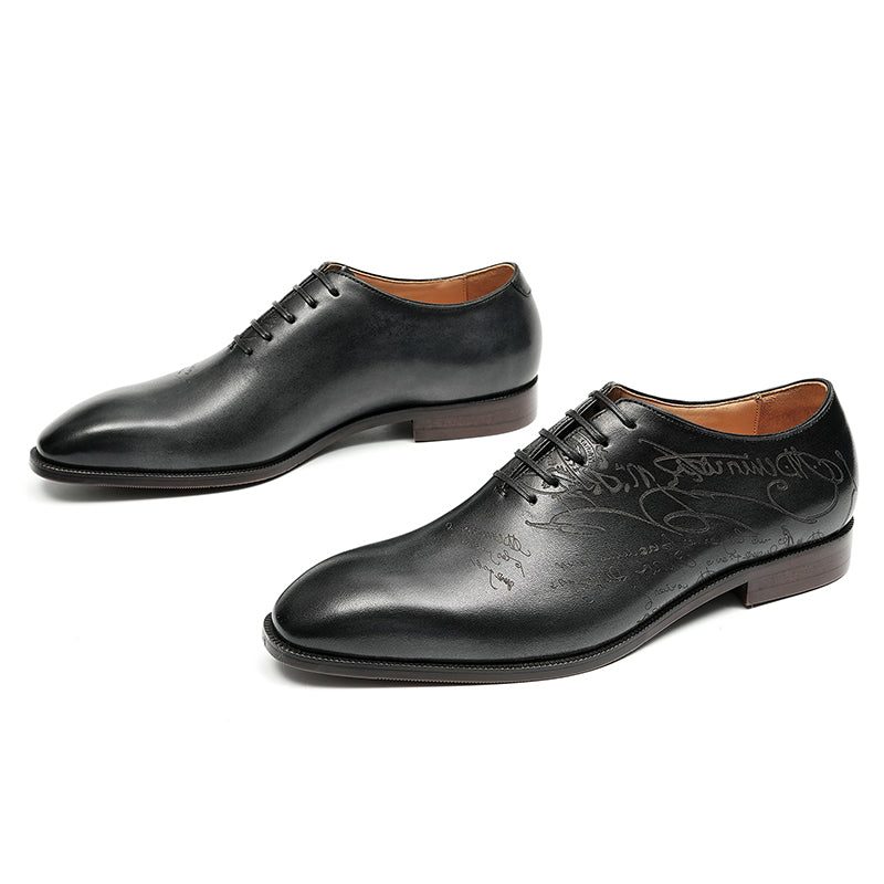 Men's Oxford Shoes - Script-Engraved Patterns & Timeless Sophistication