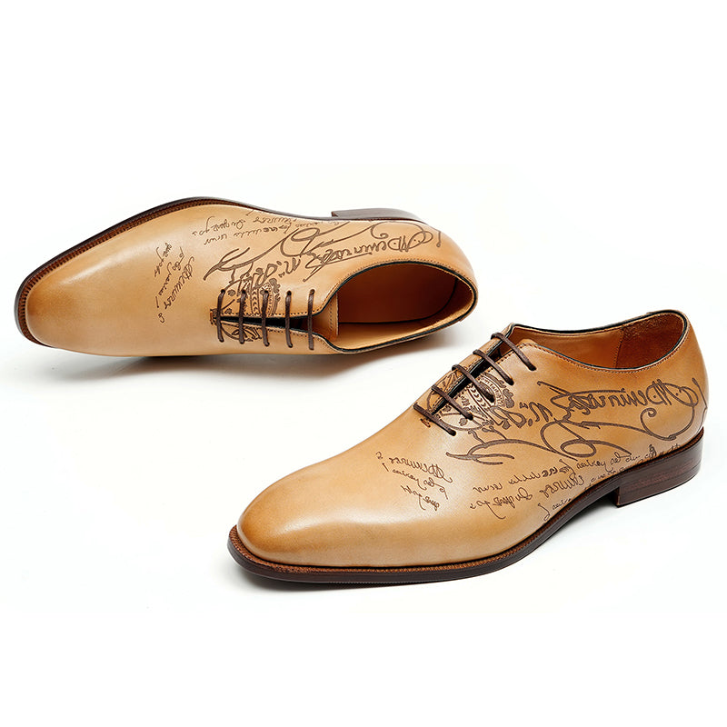 Men's Oxford Shoes - Script-Engraved Patterns & Timeless Sophistication