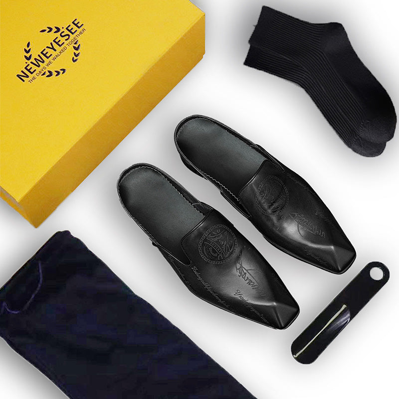 Men's Slip-On Mules - Artisanal Motifs & Leather Sophistication