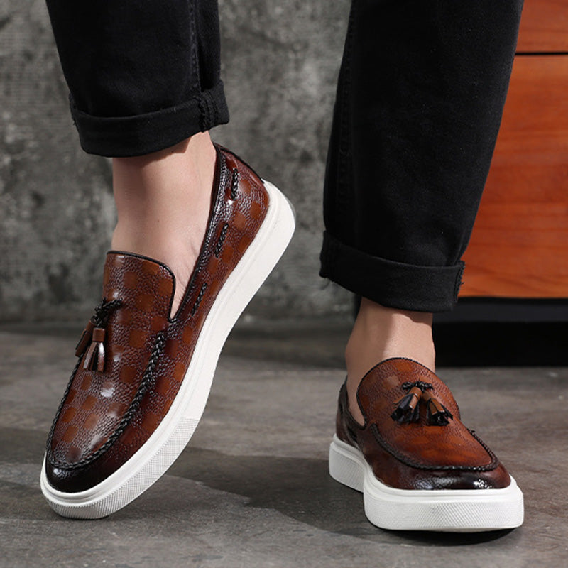 Men's Checkered Tassel Loafers with Premium PU Leather and Comfortable Sole