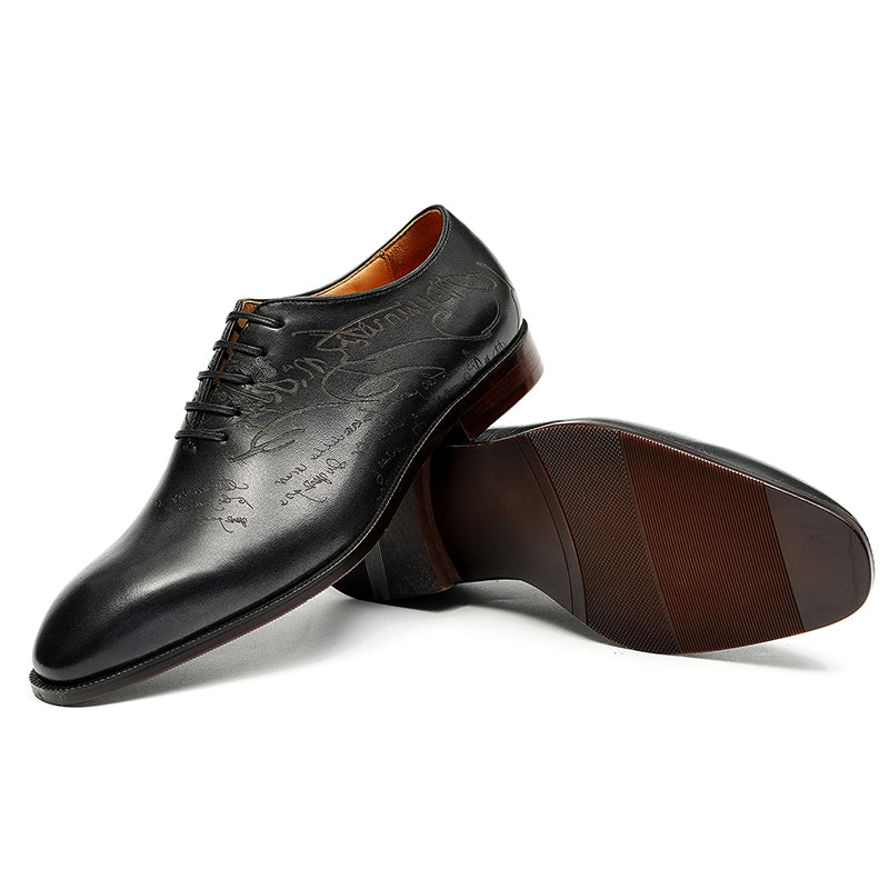 Men's Oxford Shoes - Script-Engraved Patterns & Timeless Sophistication