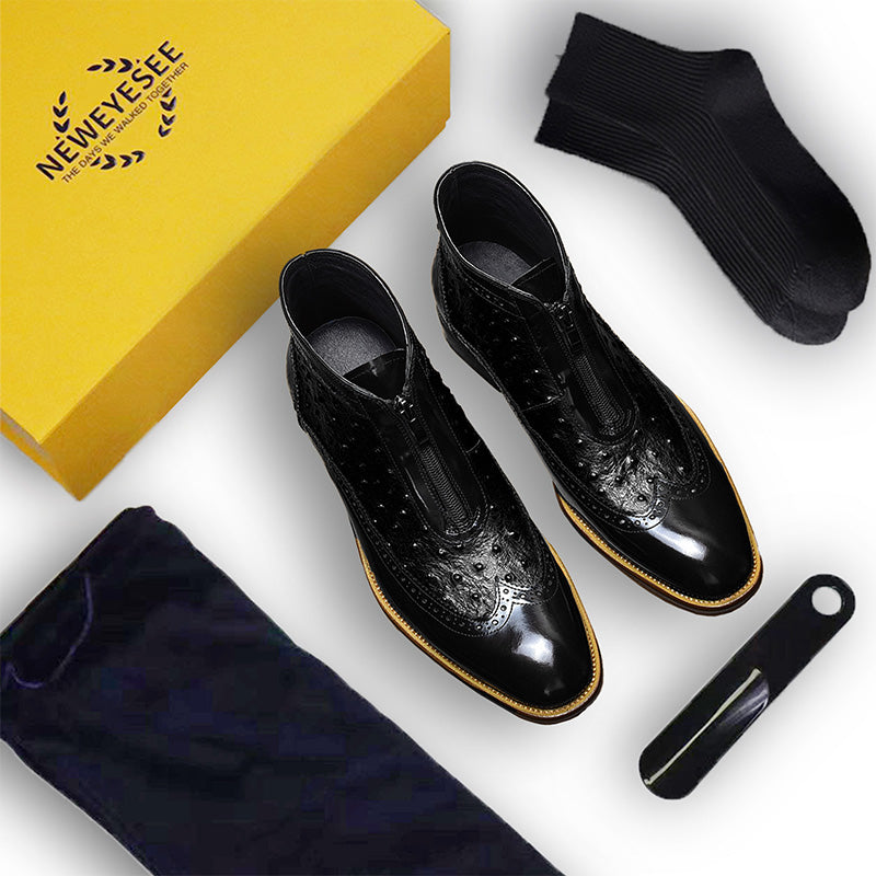 Men’s Two-Tone Ostrich Leather Zipper Boots