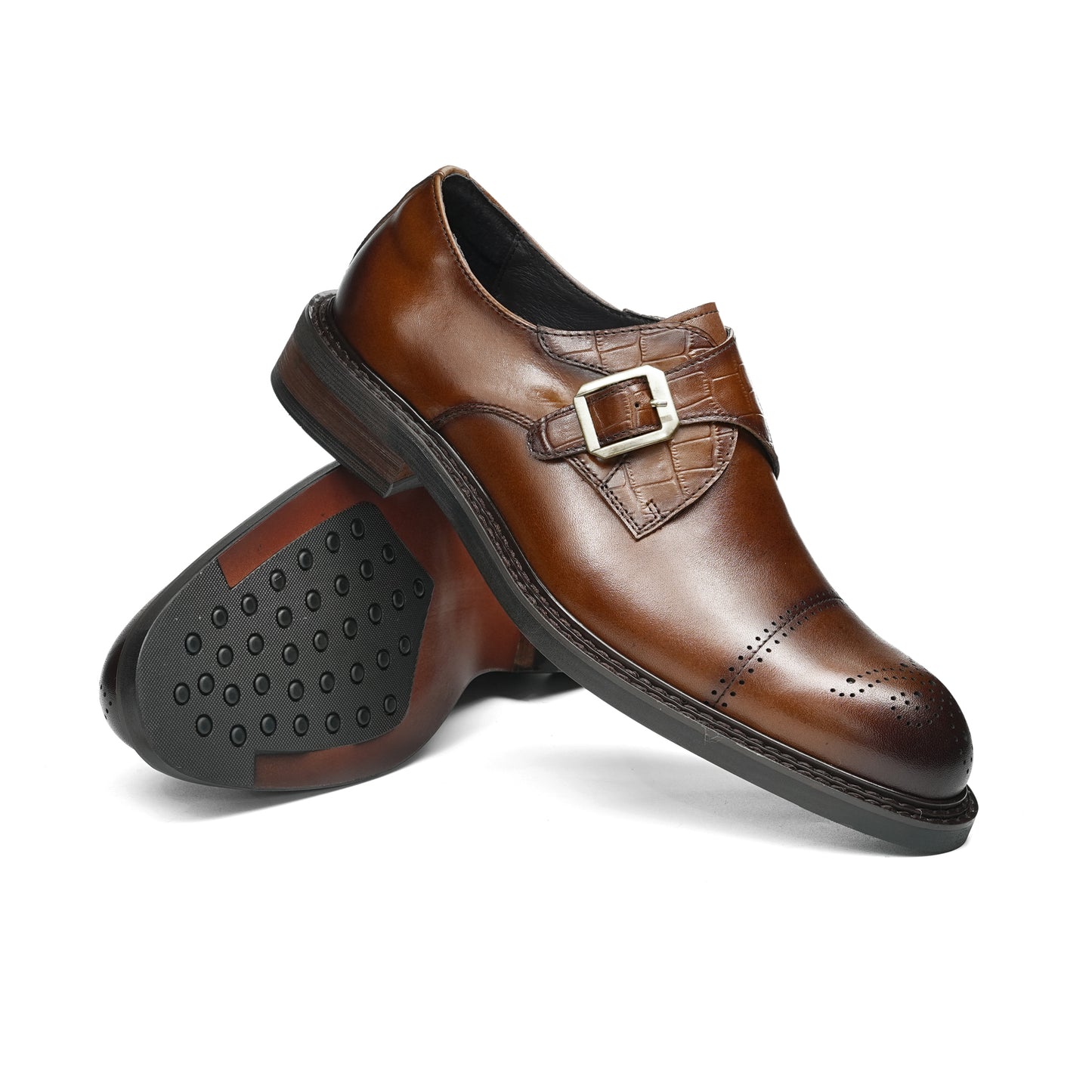 Men's Monk Straps: Intricate Toe Carving & Luxurious Texture Design