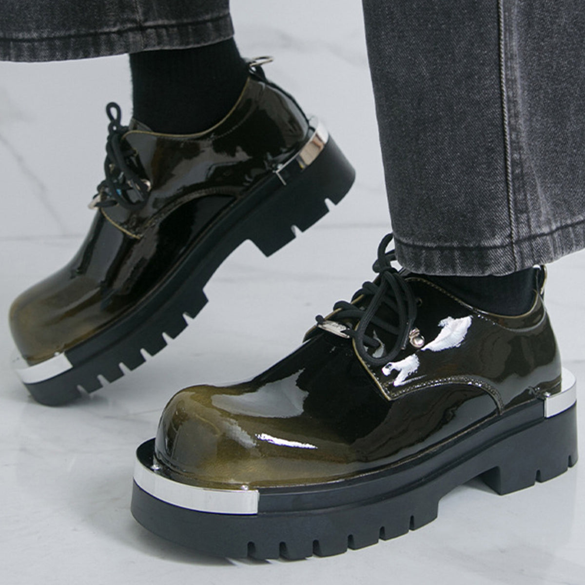 Men's Glossy Derby Shoes | with Metal Toe Cap & Chunky Lug Sole