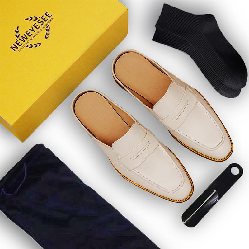 Men’s Cream Leather Backless Loafers