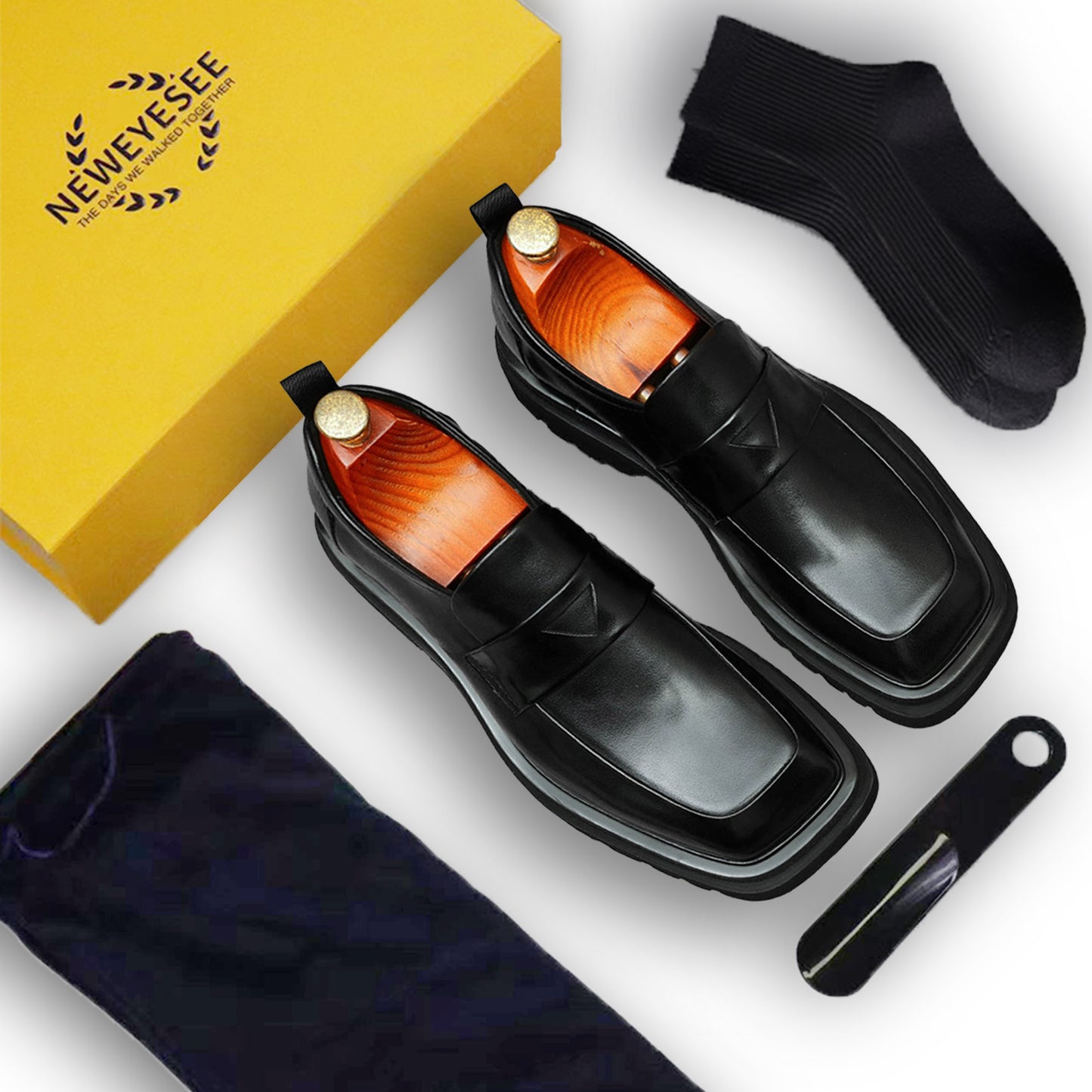 Calf Leather Loafers Shoes for Men Glossy Square Toe