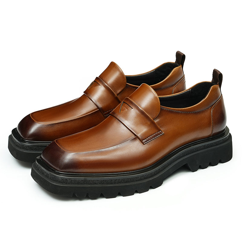 Calf Leather Loafers Shoes for Men Glossy Square Toe