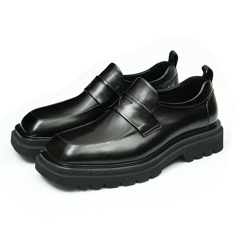 Calf Leather Loafers Shoes for Men Glossy Square Toe