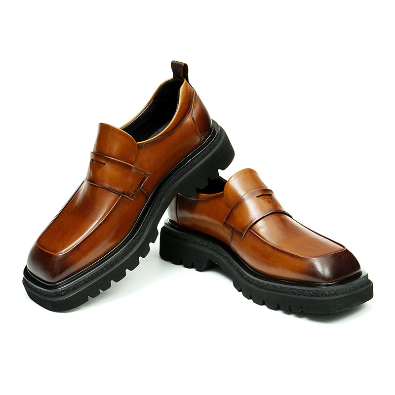 Calf Leather Loafers Shoes for Men Glossy Square Toe