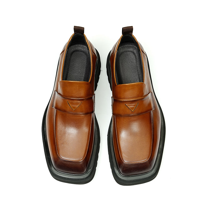 Calf Leather Loafers Shoes for Men Glossy Square Toe