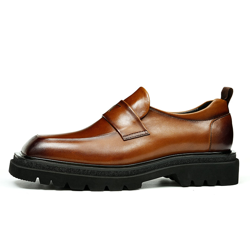 Calf Leather Loafers Shoes for Men Glossy Square Toe