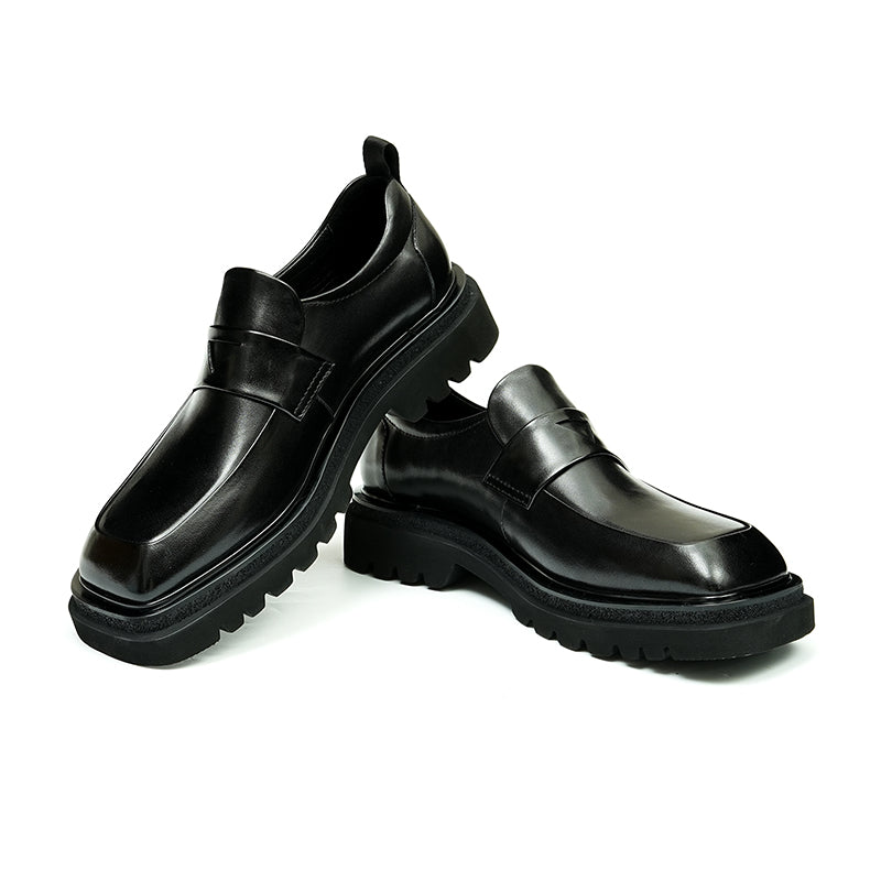 Calf Leather Loafers Shoes for Men Glossy Square Toe