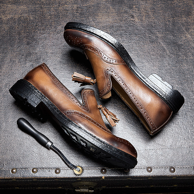 Calf Leather Tassel Loafers for Men – Brogue Design Anti-Slip Rubber Sole