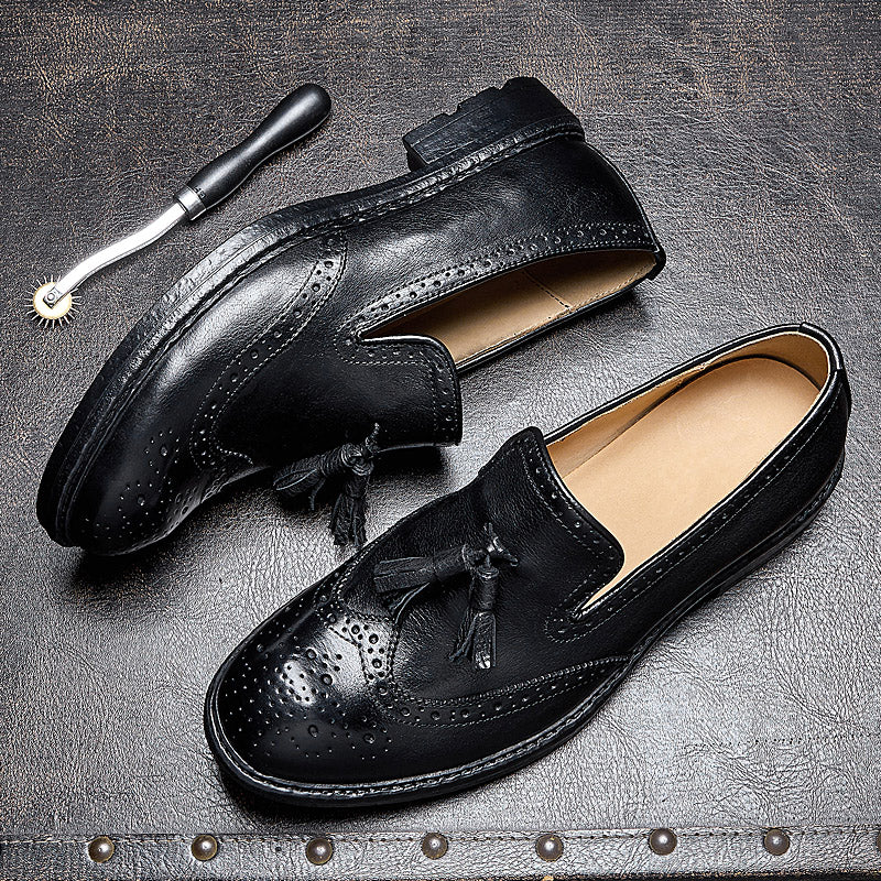 Calf Leather Tassel Loafers for Men – Brogue Design Anti-Slip Rubber Sole