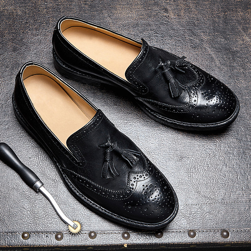 Calf Leather Tassel Loafers for Men – Brogue Design Anti-Slip Rubber Sole
