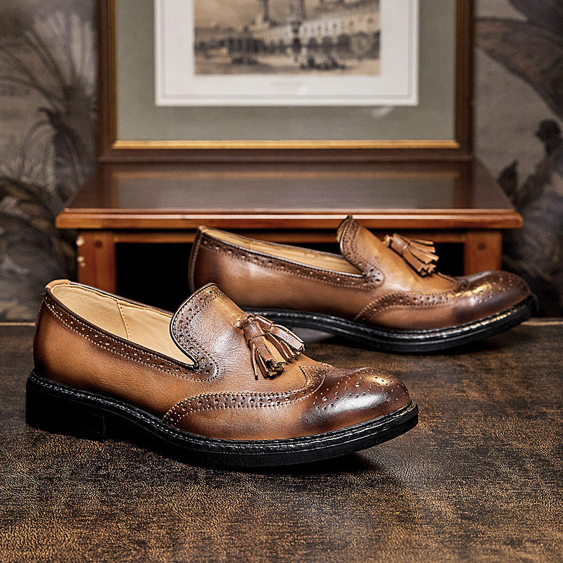 Calf Leather Tassel Loafers for Men – Brogue Design Anti-Slip Rubber Sole