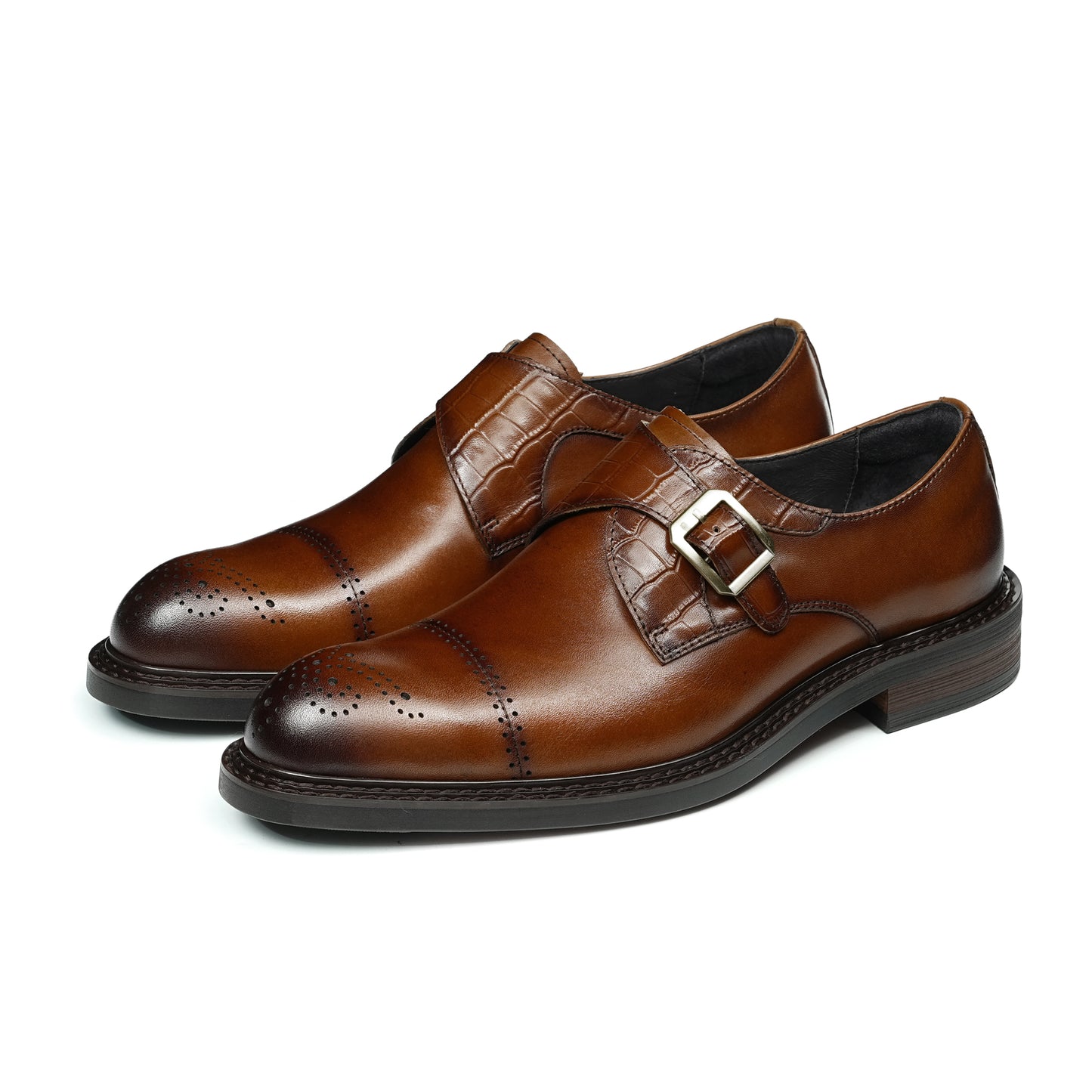 Men's Monk Straps: Intricate Toe Carving & Luxurious Texture Design