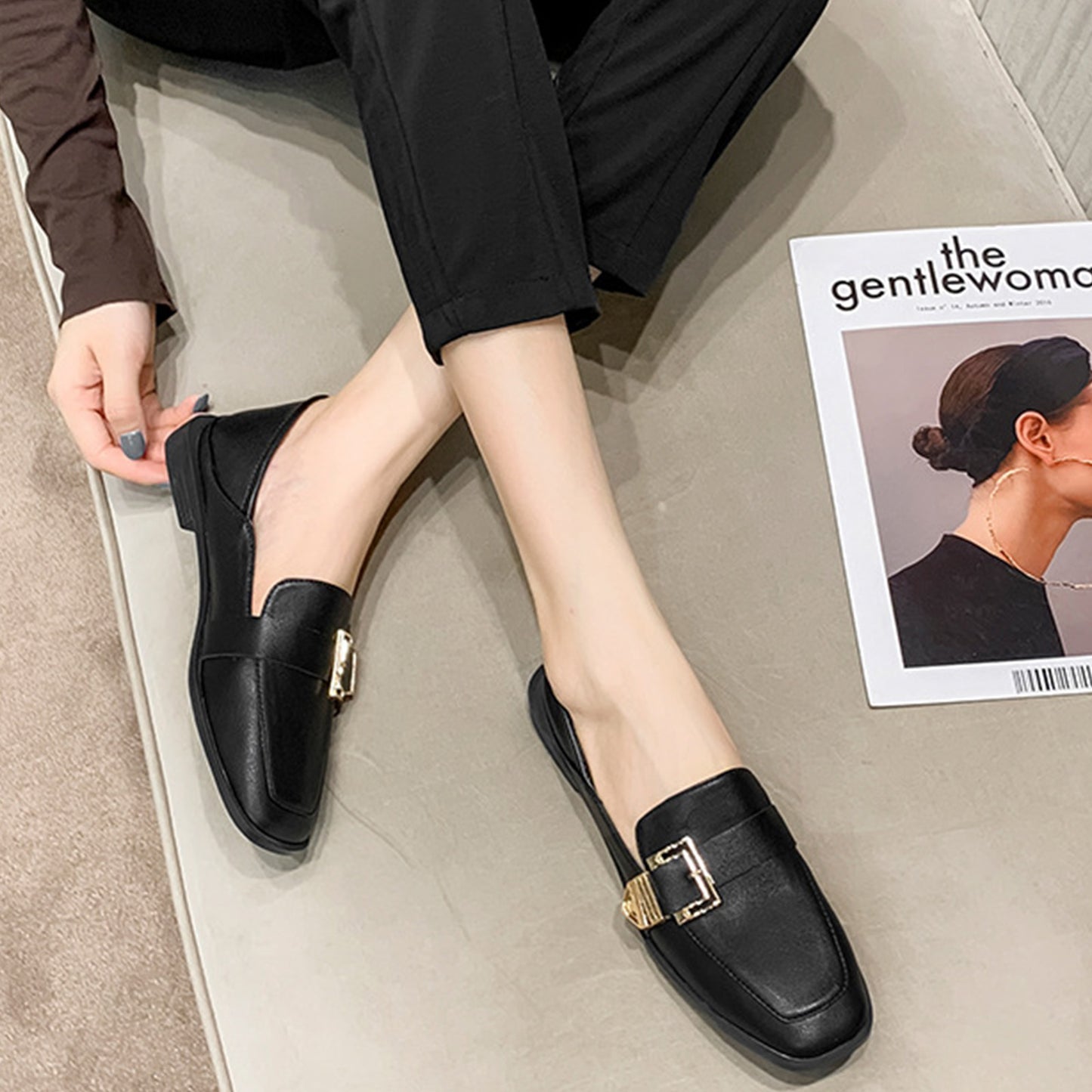 Square-Toe Loafers for Women with Statement Metallic Buckle