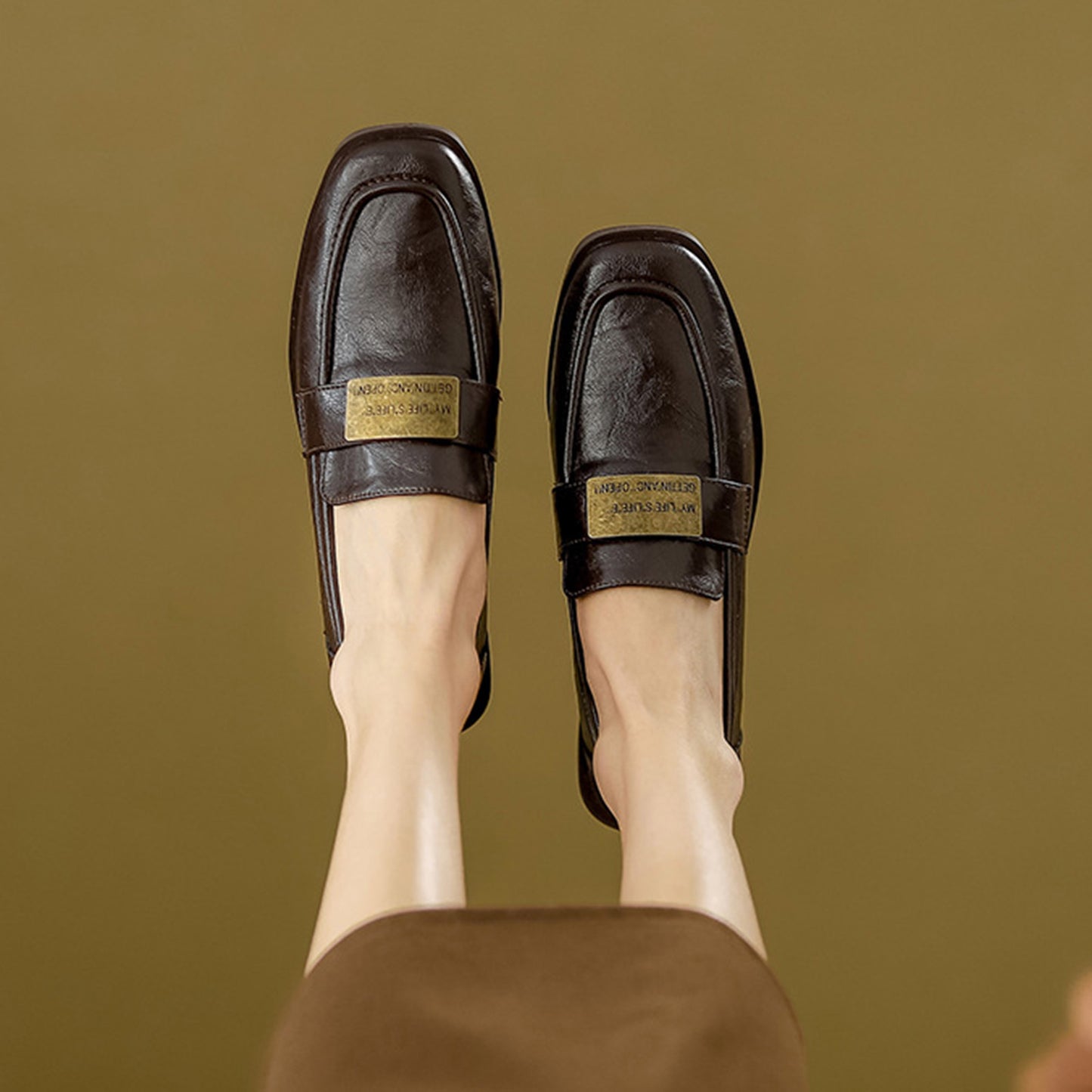 Women's Textured Leather Loafers with Metal-Plate Detail