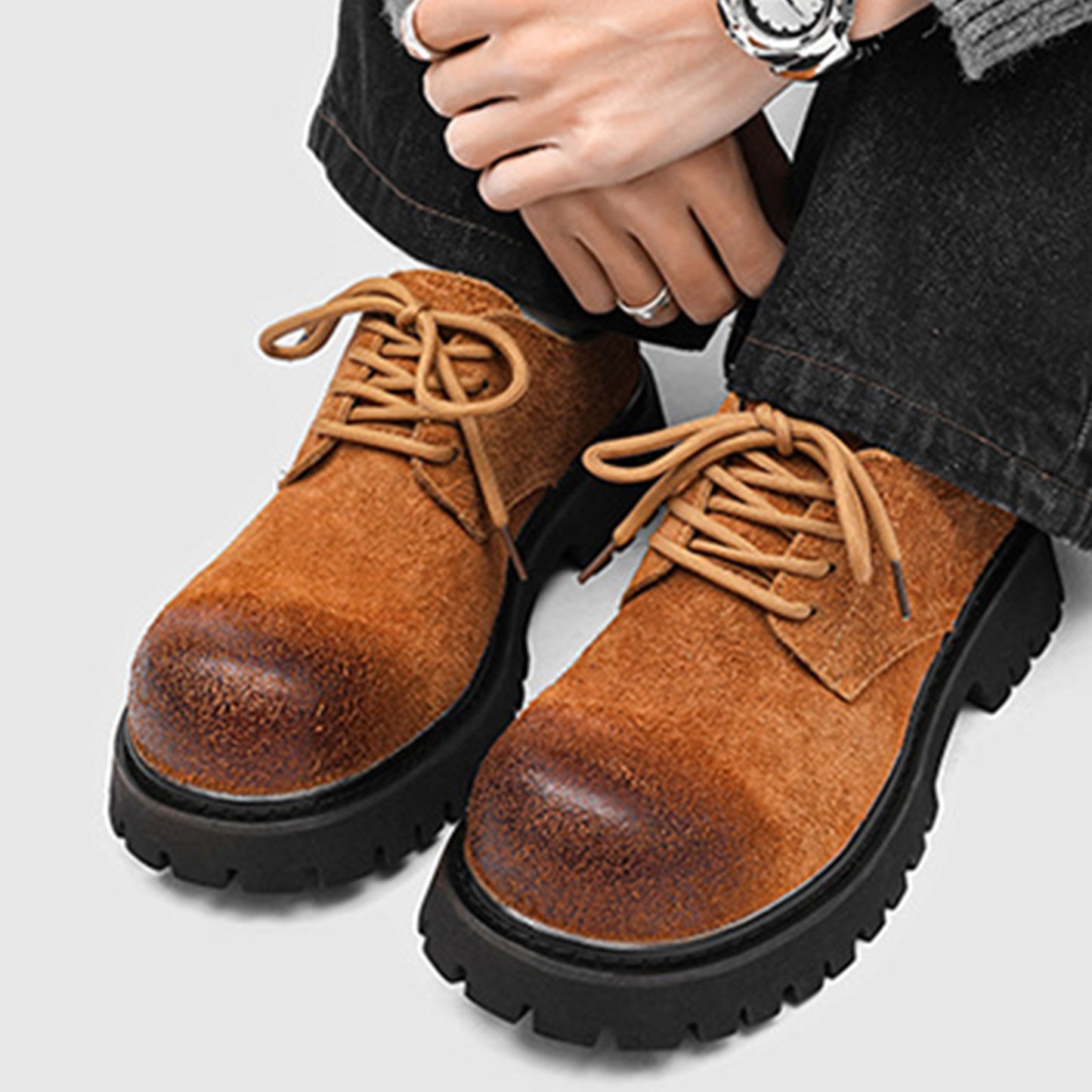 Men's Derby Shoes Retro-Textured Chunky Sole with Distressed Finish