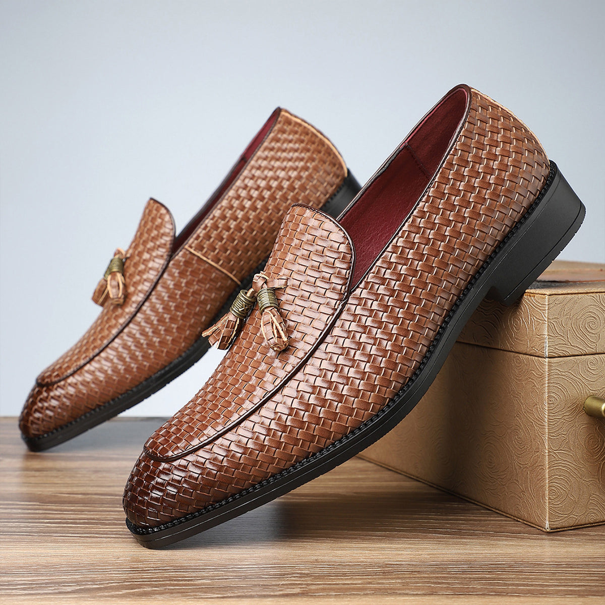 Men's Woven Tassel Loafers | with Square Toe & Low Block Heel