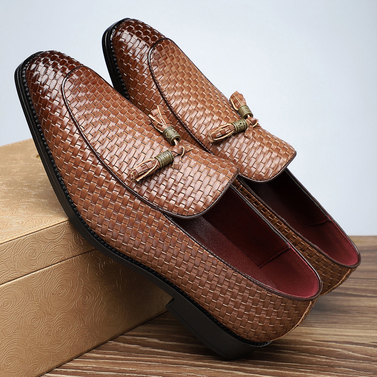 Men's Woven Tassel Loafers | with Square Toe & Low Block Heel