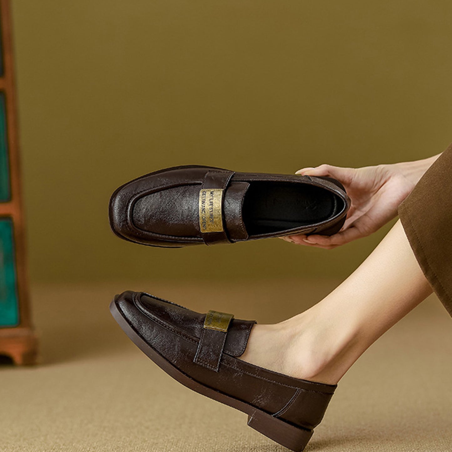 Women's Textured Leather Loafers with Metal-Plate Detail