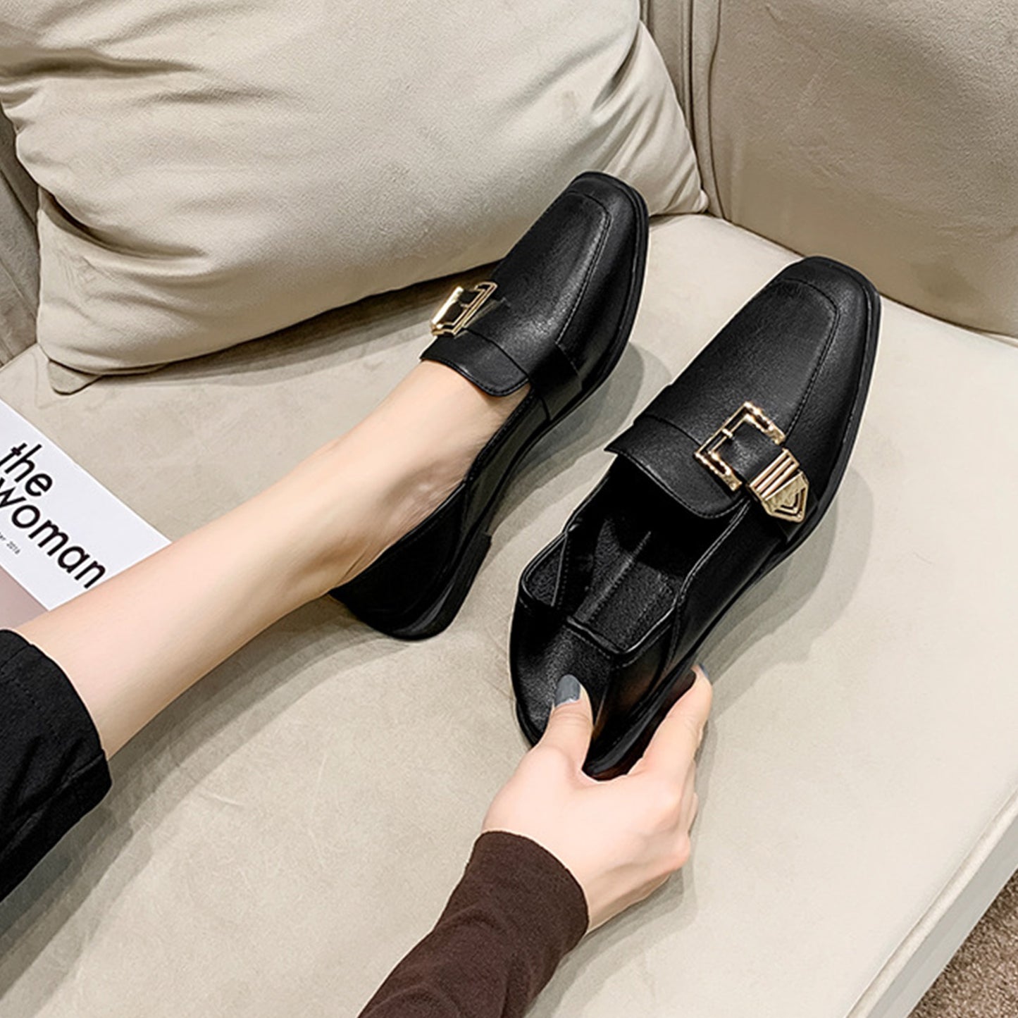 Square-Toe Loafers for Women with Statement Metallic Buckle