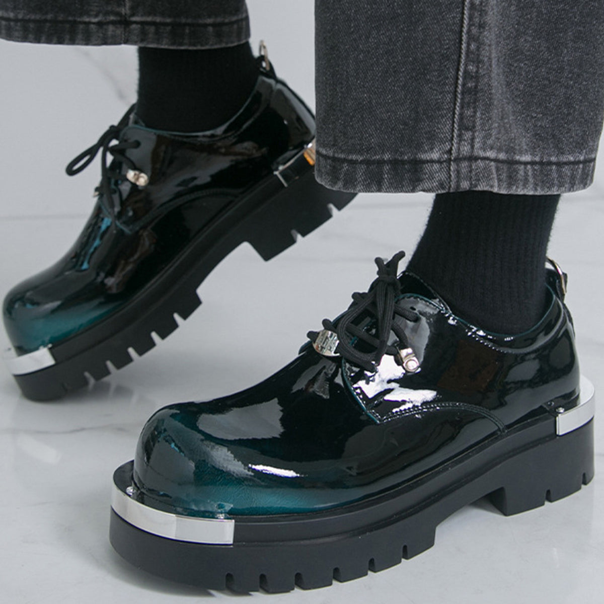 Men's  Glossy Derby Shoes | with Metal Toe Cap & Chunky Lug Sole