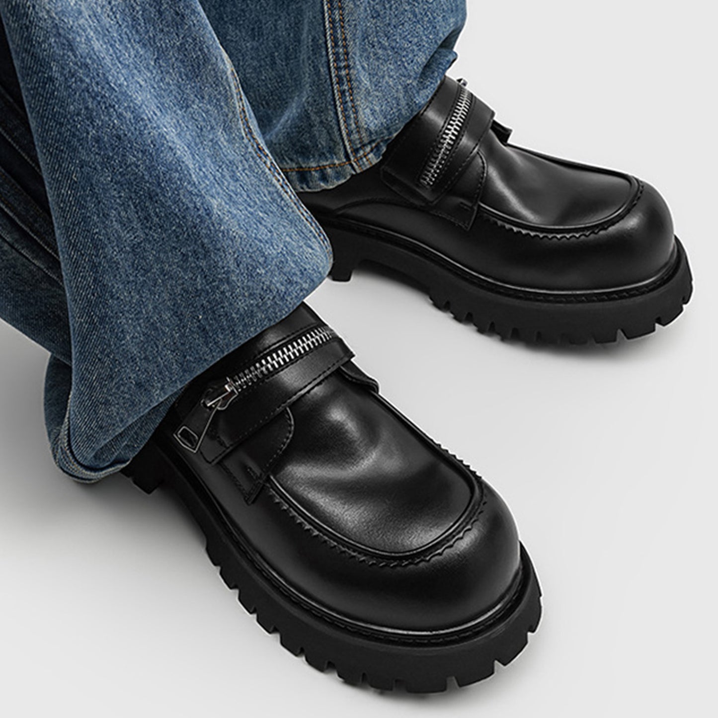 Men's Loafers Shoes: Chunky Platform Sole with Double-Strap Zipper Detail