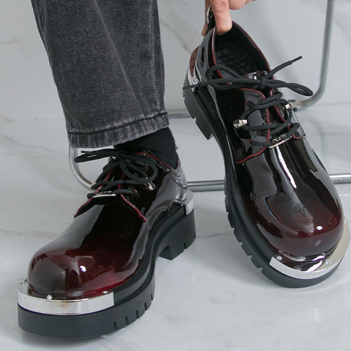 Men's  Glossy Derby Shoes | with Metal Toe Cap & Chunky Lug Sole