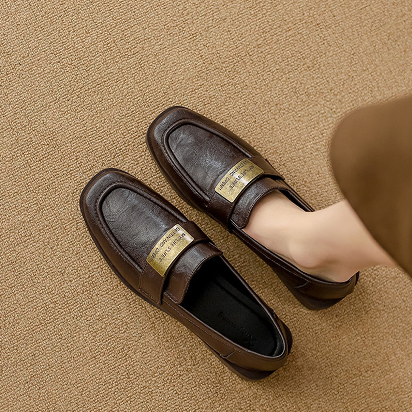 Women's Textured Leather Loafers with Metal-Plate Detail