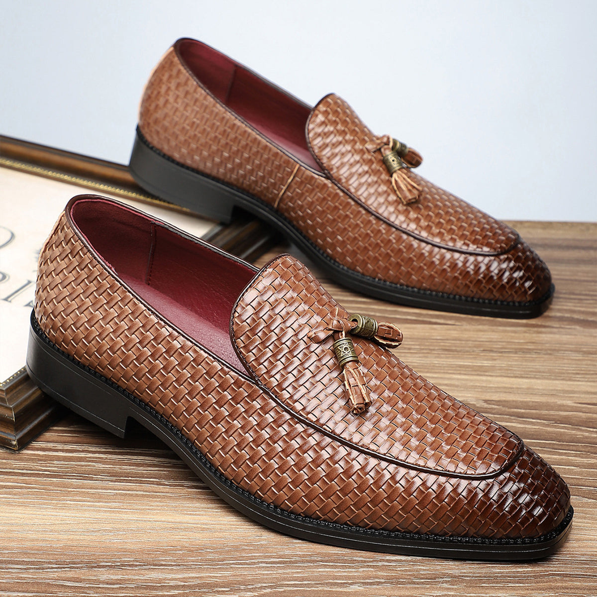 Men's Woven Tassel Loafers | with Square Toe & Low Block Heel