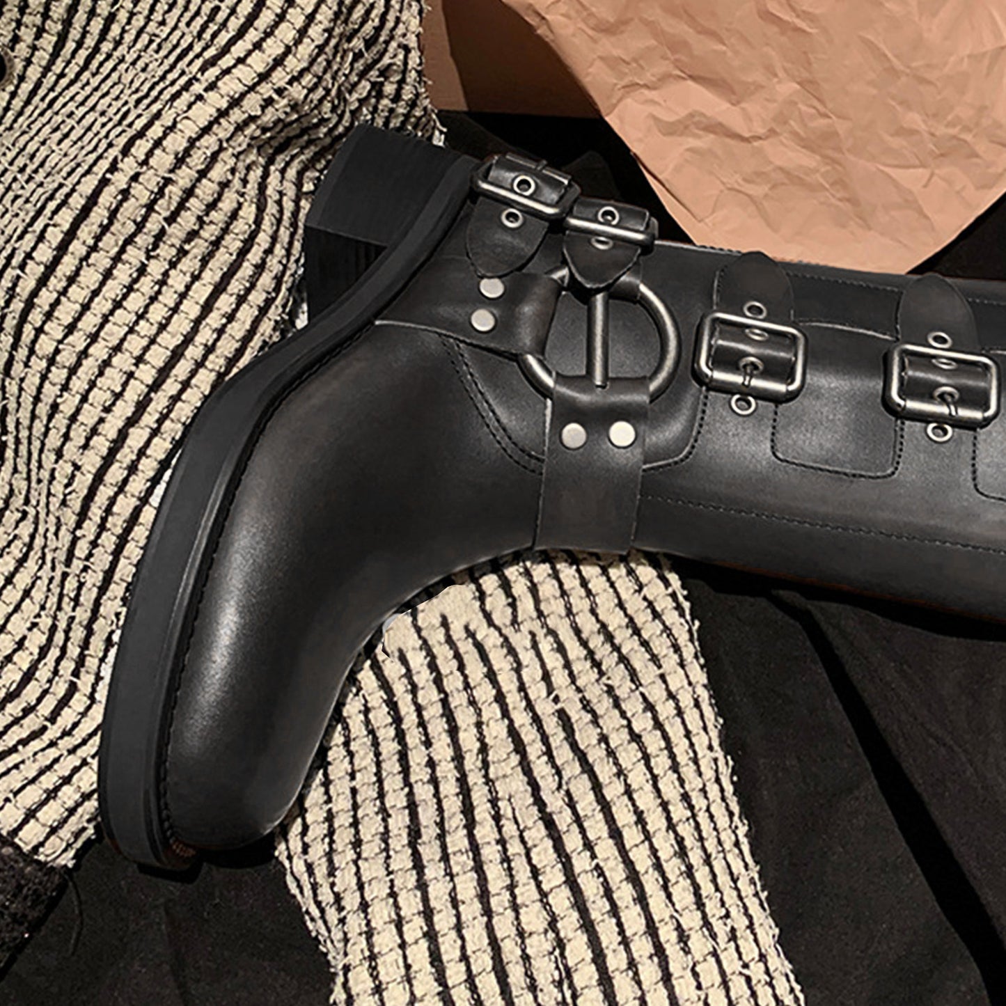 Women's Knee-High Boots with Edgy Metal Buckle Detail & Chunky Heel