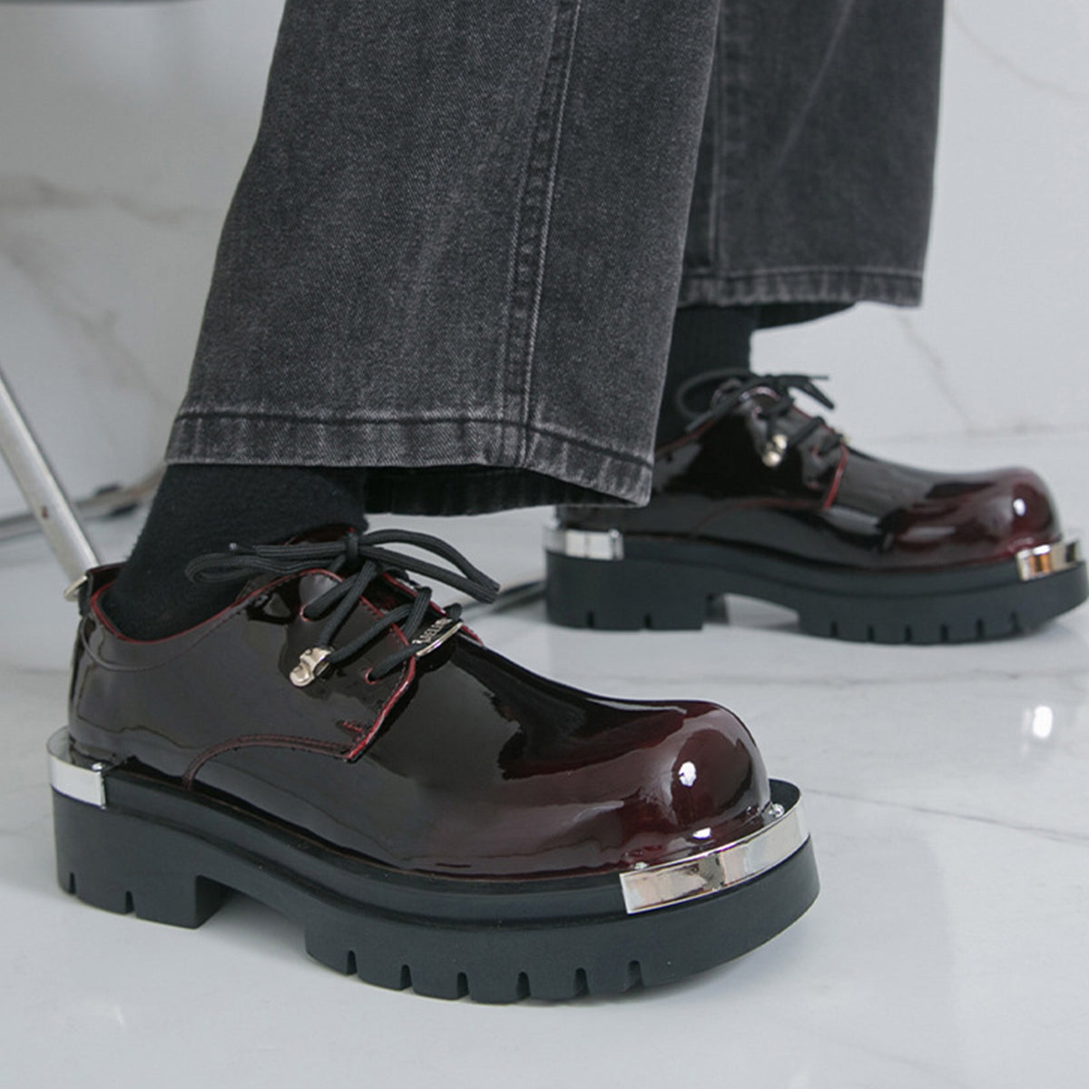 Men's  Glossy Derby Shoes | with Metal Toe Cap & Chunky Lug Sole