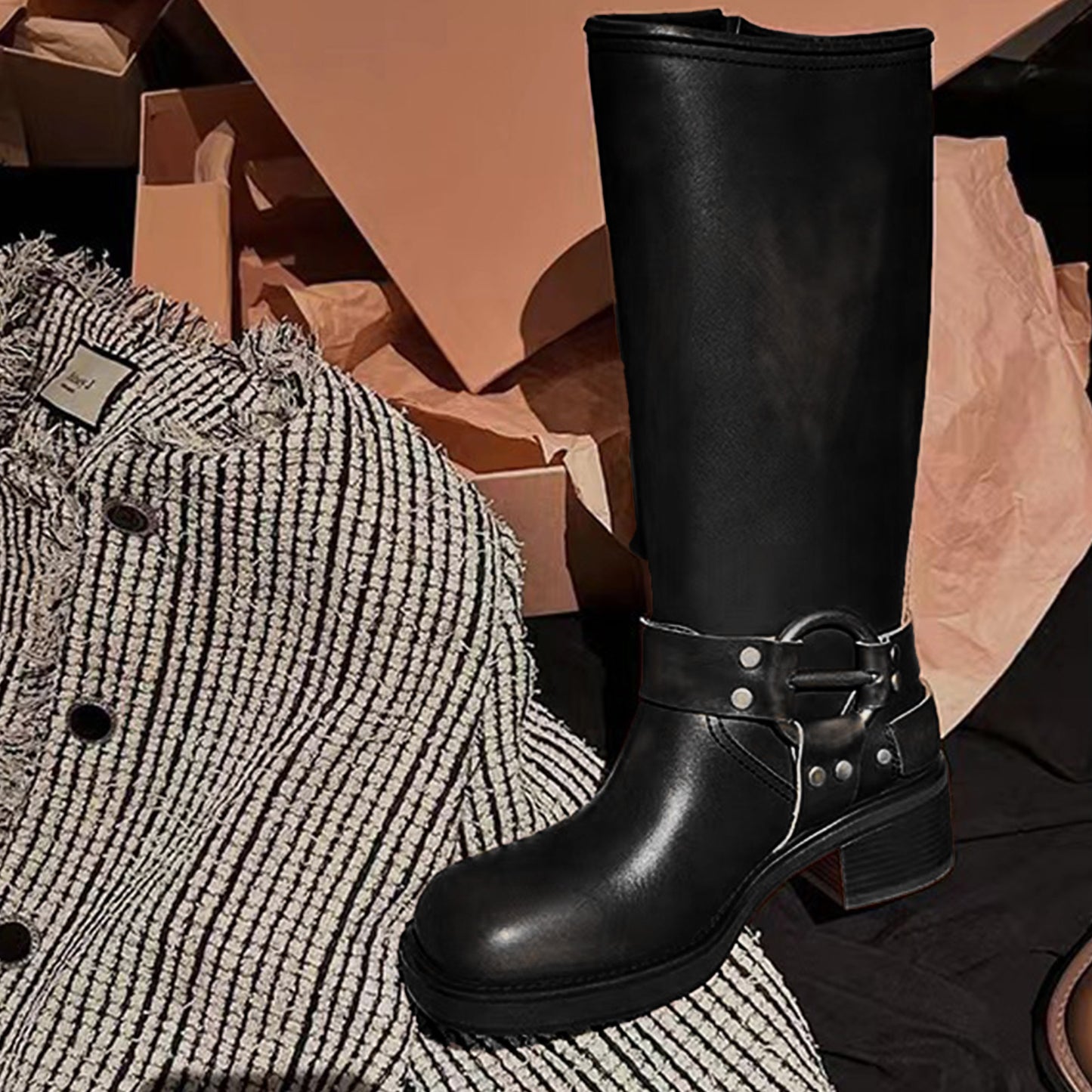 Women's Knee-High Boots with Edgy Metal Buckle Detail & Chunky Heel