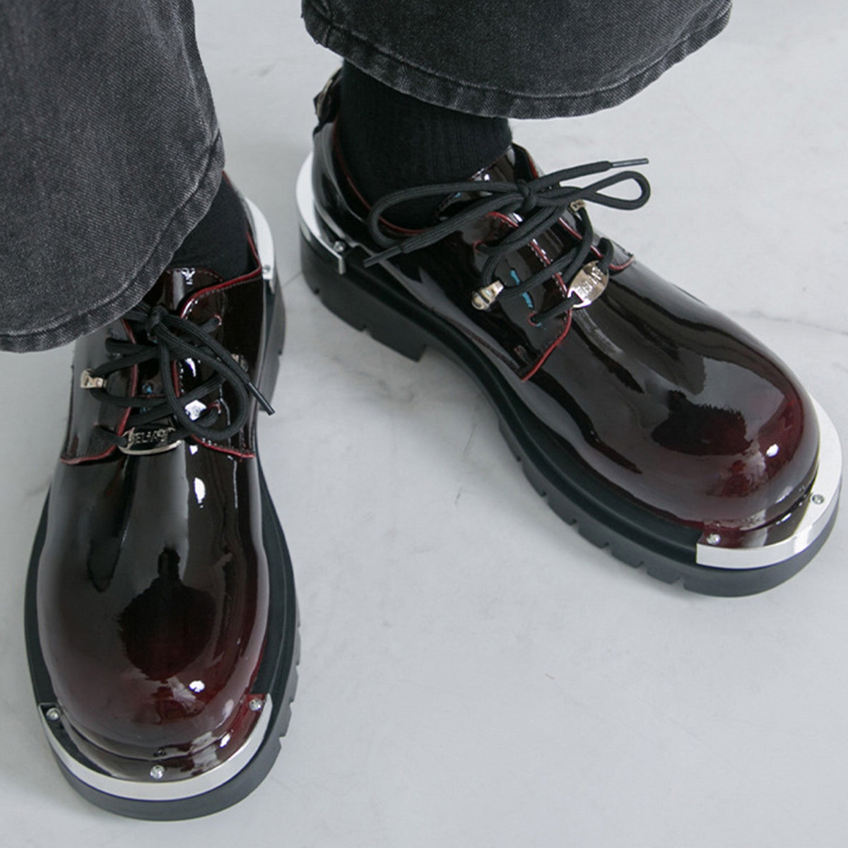 Men's  Glossy Derby Shoes | with Metal Toe Cap & Chunky Lug Sole