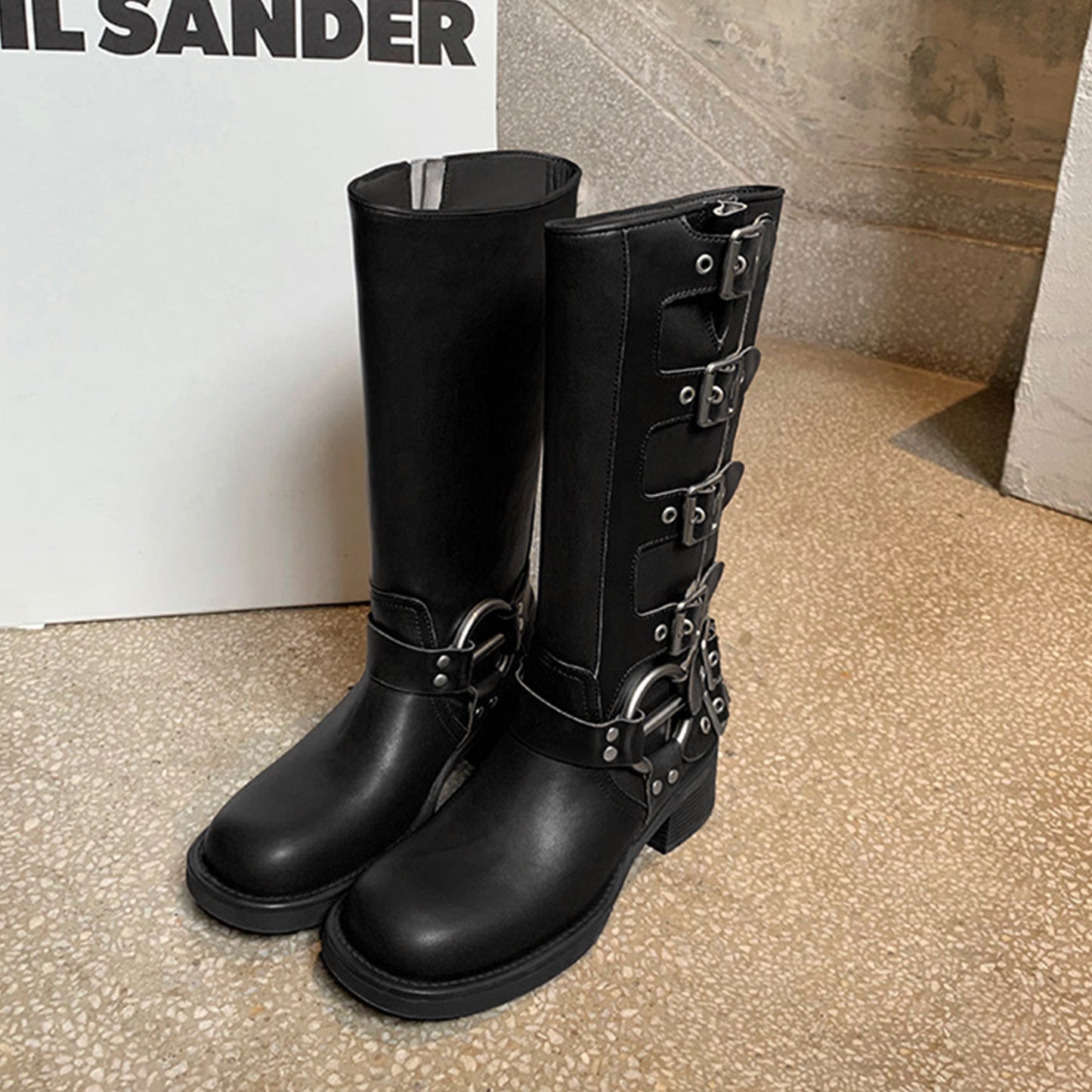 Women's Knee-High Boots with Edgy Metal Buckle Detail & Chunky Heel