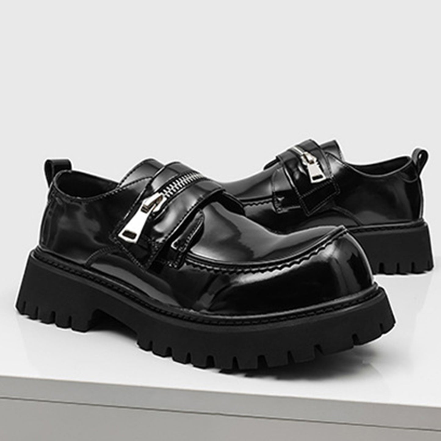 Men's Loafers Shoes: Chunky Platform Sole with Double-Strap Zipper Detail
