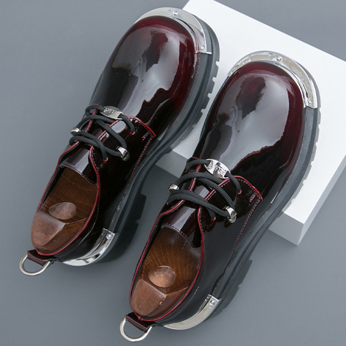 Men's  Glossy Derby Shoes | with Metal Toe Cap & Chunky Lug Sole