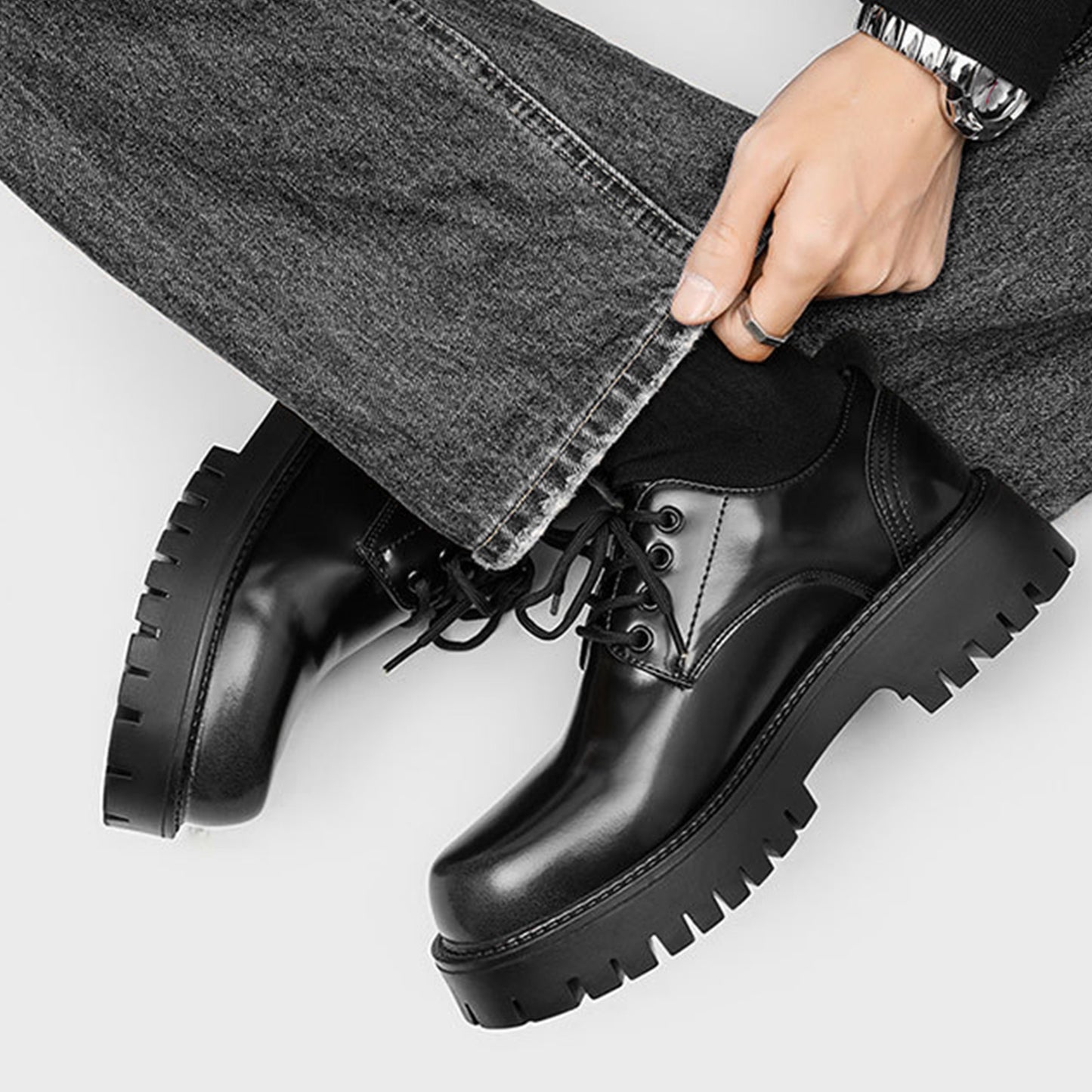 Men's Derby Shoes with Bold Tread Sole & Stitch Detailing