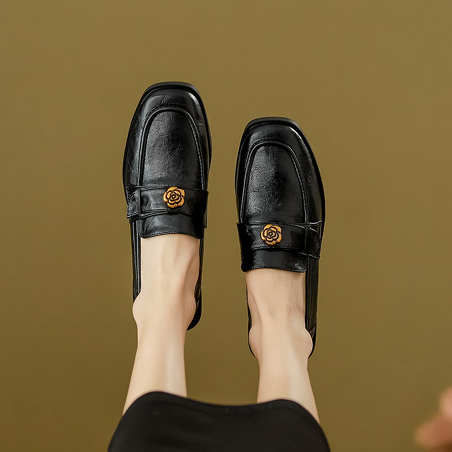 Women's Loafers: Elegant Square-Toe Leather Shoes with Delicate Floral Accent