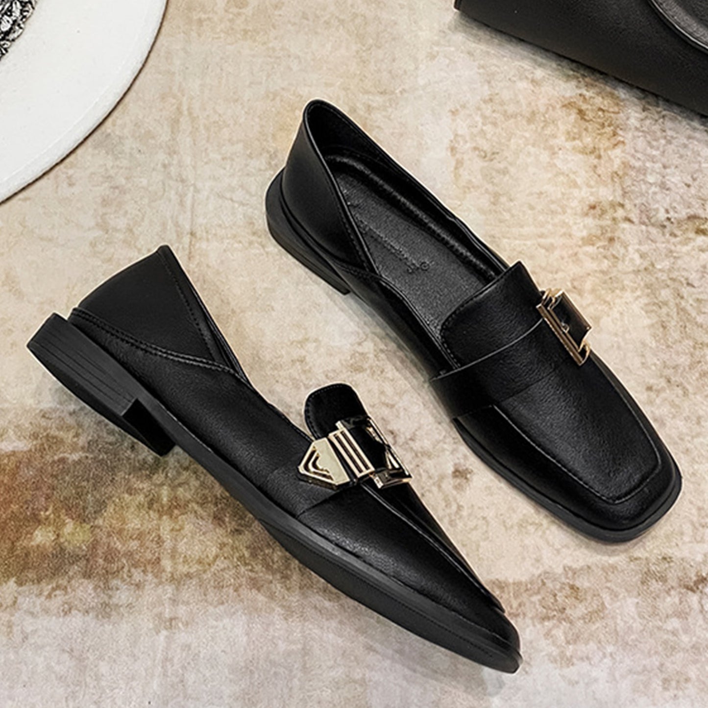 Square-Toe Loafers for Women with Statement Metallic Buckle