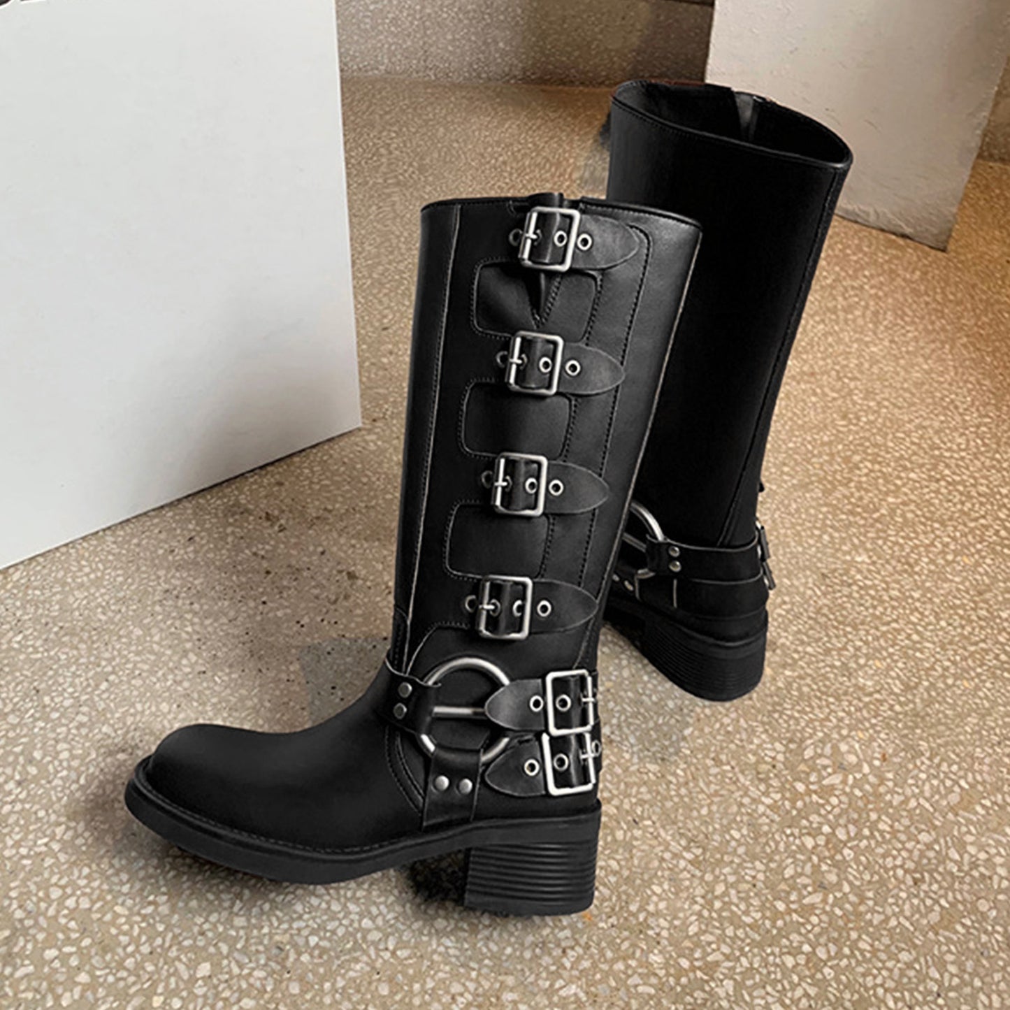 Women's Knee-High Boots with Edgy Metal Buckle Detail & Chunky Heel