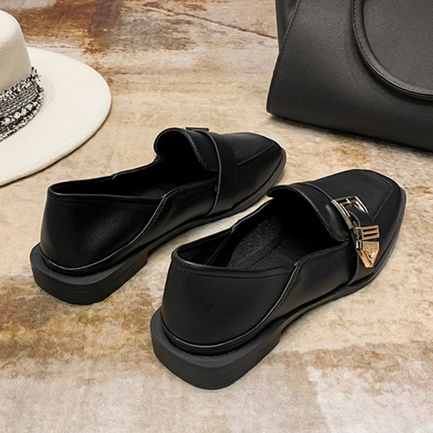 Square-Toe Loafers for Women with Statement Metallic Buckle